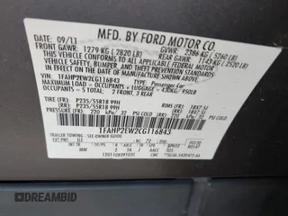 2012 Ford Taurus SEL with VIN 1FAHP2EW2CG116843, listed as a IAAI auction lot 41962871 with 223,600 mi miles and . Bid and sale history available at DreamBid. Image 9.