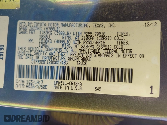 2013 Toyota Tundra с VIN 5TFRM5F12DX057483, выставлен на аукционе IAAI как лот 42214577 с пробегом 251 557 миль миль и . История ставок и продаж доступна на DreamBid. Изображение 9.