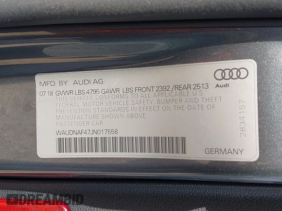 2018 Audi A4 Premium z VIN WAUDNAF47JN017558, wystawiony jako IAAI lot #42233399 z przebiegiem 107 982 mil mil oraz . Historia ofert i sprzedaży dostępna na DreamBid. Obrazek 9.