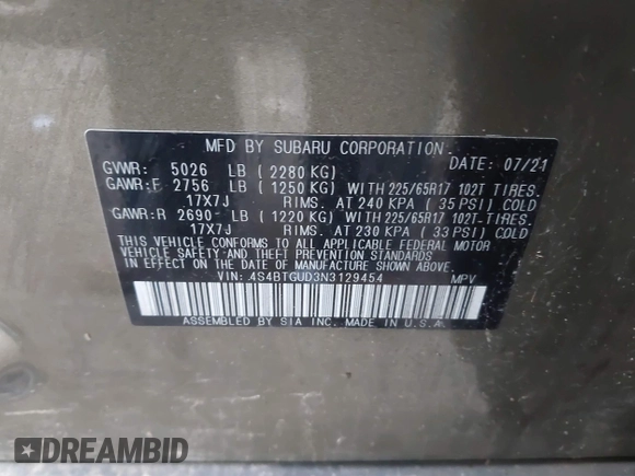 2022 Subaru Outback Wilderness with VIN 4S4BTGUD3N3129454, listed as a IAAI auction lot 41884015 with 35,834 mi miles and . Bid and sale history available at DreamBid. Image 9.