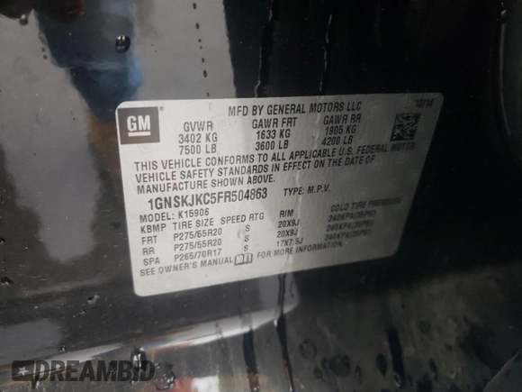 2015 Chevrolet Suburban LT with VIN 1GNSKJKC5FR504863, listed as a Copart auction lot 55305665 with 200,488 mi miles and Clean Title. Bid and sale history available at DreamBid. Image 12.