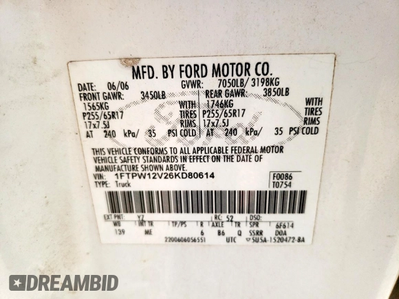 2006 Ford F-150 XLT with VIN 1FTPW12V26KD80614, listed as a Copart auction lot 58308615 with 159,508 mi miles and Salvage title. Bid and sale history available at DreamBid. Image 12.