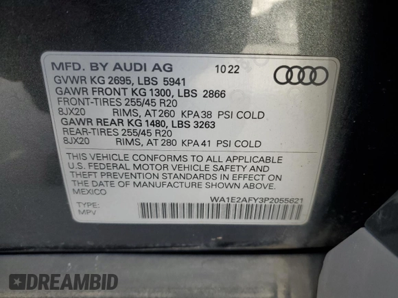 2023 Audi Q5 S line Premium Plus with VIN WA1E2AFY3P2055621, listed as a Copart auction lot 47477825 with 43,375 mi miles and Salvage title. Bid and sale history available at DreamBid. Image 13.
