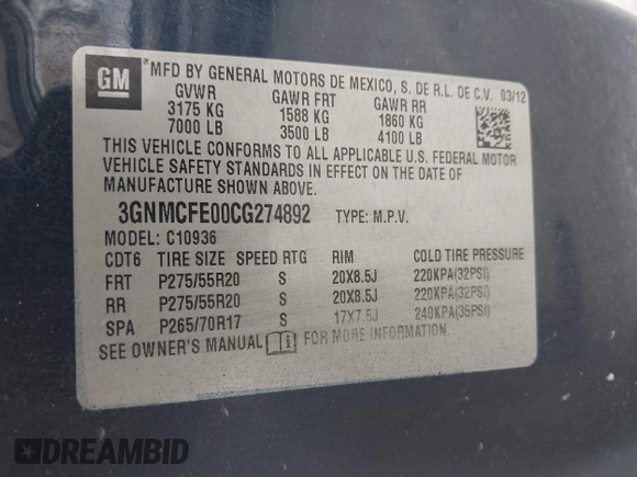2012 Chevrolet Avalanche LT with VIN 3GNMCFE00CG274892, listed as a IAAI auction lot 41792001 with 169,920 mi miles. Bid and sale history available at carsss.com. Image 9.