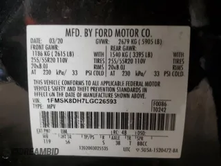 2020 Ford Explorer XLT with VIN 1FMSK8DH7LGC26593, listed as a Copart auction lot 49618145 with 191,010 mi miles and Salvage Title. Bid and sale history available at DreamBid. Image 16.