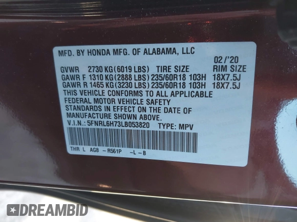 2020 Honda Odyssey EX-L with VIN 5FNRL6H73LB053820, listed as a IAAI auction lot 41532645 with 73,692 mi miles. Bid and sale history available at carsss.com. Image 9.