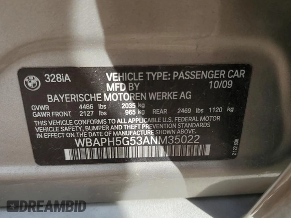 2010 BMW 3 Series 328i with VIN WBAPH5G53ANM35022, listed as a Copart auction lot 49615925 with Not Provided miles and Salvage Title. Bid and sale history available at DreamBid. Image 12.
