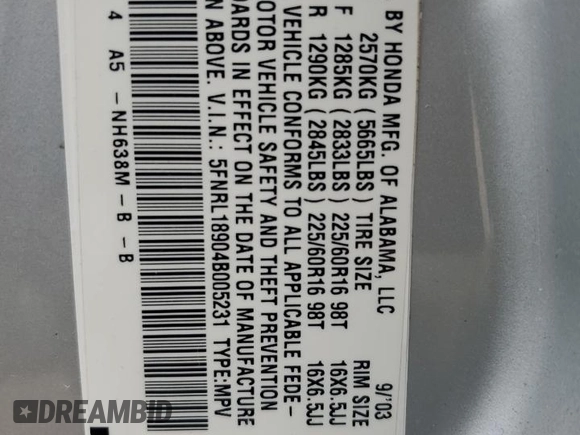 2004 Honda Odyssey EX-L with VIN 5FNRL18904B005231, listed as a Copart auction lot 50929815 with Not Provided miles and Salvage Title. Bid and sale history available at DreamBid. Image 14.