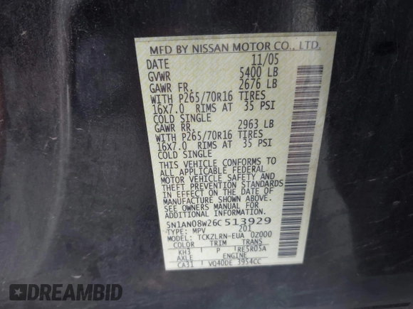 2006 Nissan Xterra S with VIN 5N1AN08W26C513929, listed as a IAAI auction lot 42547976 with 147,010 mi miles and . Bid and sale history available at DreamBid. Image 9.
