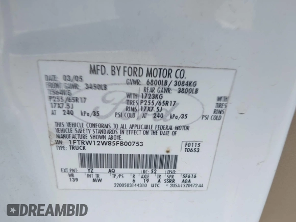 2005 Ford F-150 XLT с VIN 1FTRW12W85FB00753, выставлен на аукционе IAAI как лот 42281056 с пробегом Не указан миль и . История ставок и продаж доступна на DreamBid. Изображение 9.