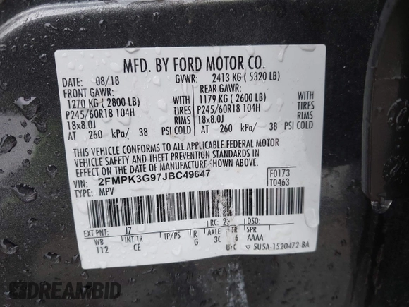 2018 Ford Edge SE с VIN 2FMPK3G97JBC49647, выставлен на аукционе IAAI как лот 41711325 с пробегом 67 637 миль миль и . История ставок и продаж доступна на DreamBid. Изображение 9.