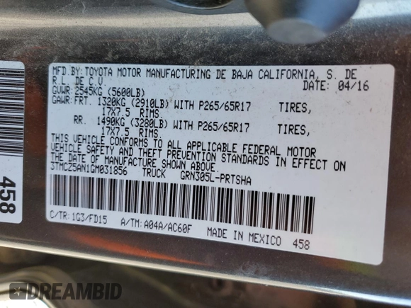 2016 Toyota Tacoma SR with VIN 3TMCZ5AN1GM031856, listed as a Copart auction lot 46128685 with 132,800 mi miles and Salvage Title. Bid and sale history available at carsss.com. Image 15.