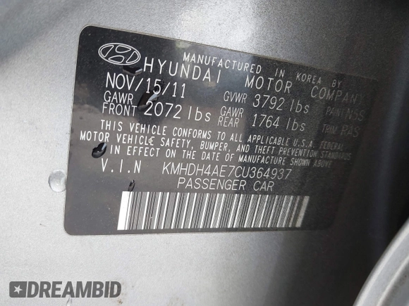 2012 Hyundai Elantra GLS с VIN KMHDH4AE7CU364937, выставлен на аукционе IAAI как лот 42312743 с пробегом 170 695 миль миль и . История ставок и продаж доступна на DreamBid. Изображение 9.