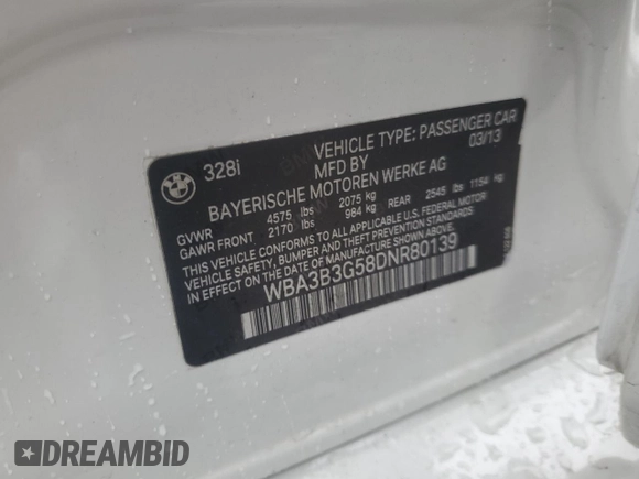 2013 BMW 3 Series 328i xDrive with VIN WBA3B3G58DNR80139, listed as a Copart auction lot 86662574 with 124,966 mi miles and Salvage Title. Bid and sale history available at carsss.com. Image 14.