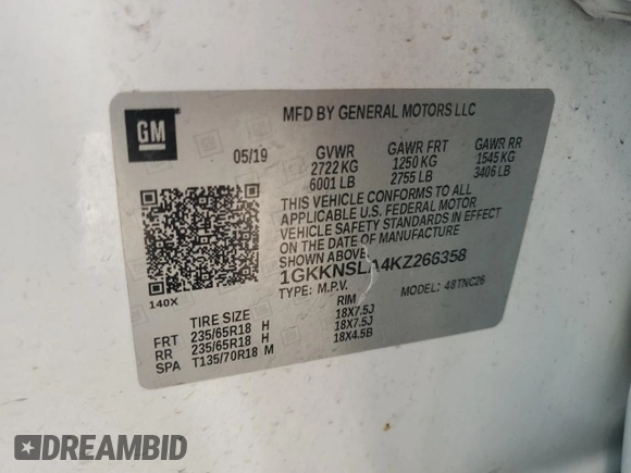 2019 GMC Acadia SLE with VIN 1GKKNSLA4KZ266358, listed as a Copart auction lot 72907504 with Not Provided miles and Salvage Title. Bid and sale history available at DreamBid. Image 14.