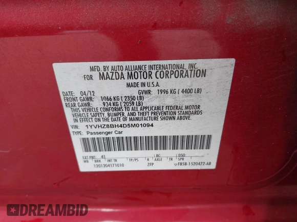 2013 Mazda 6 i Sport with VIN 1YVHZ8BH4D5M01094, listed as a IAAI auction lot 41272778 with 127,333 mi miles. Bid and sale history available at carsss.com. Image 9.