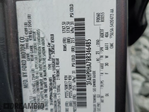 2011 Ford Fusion SE with VIN 3FAHP0HA7BR346485, listed as a Copart auction lot 44610705 with 63,983 mi miles and Salvage Title. Bid and sale history available at carsss.com. Image 14.