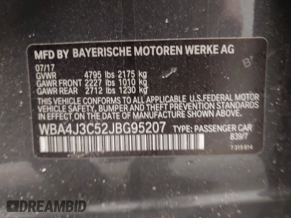 2018 BMW 4 Series 430i xDrive with VIN WBA4J3C52JBG95207, listed as a IAAI auction lot 41509392 with 68,193 mi miles and . Bid and sale history available at DreamBid. Image 9.