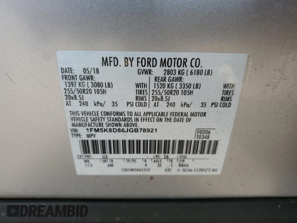 2018 Ford Explorer XLT with VIN 1FM5K8D86JGB78921, listed as a Copart auction lot 45561245 with 126,315 mi miles and Salvage Title. Bid and sale history available at DreamBid. Image 13.