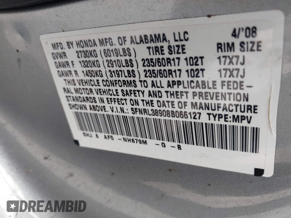 2008 Honda Odyssey Touring with VIN 5FNRL38908B066127, listed as a IAAI auction lot 42219444 with 188,868 mi miles and . Bid and sale history available at DreamBid. Image 9.