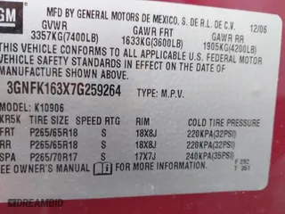 2007 Chevrolet Suburban LTZ with VIN 3GNFK163X7G259264, listed as a IAAI auction lot 42019421 with 130,744 mi miles. Bid and sale history available at carsss.com. Image 9.