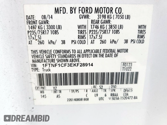 2014 Ford F-150 XL с VIN 1FTNF1CF3EKF28914, выставлен на аукционе Copart как лот 57642395 с пробегом 213 216 миль миль и Списание • Salvage title. История ставок и продаж доступна на DreamBid. Изображение 12.