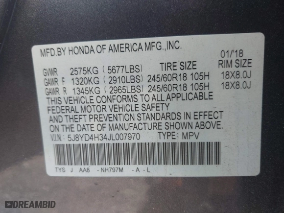 2018 Acura MDX with VIN 5J8YD4H34JL007970, listed as a IAAI auction lot 41577078 with 58,768 mi miles. Bid and sale history available at carsss.com. Image 9.