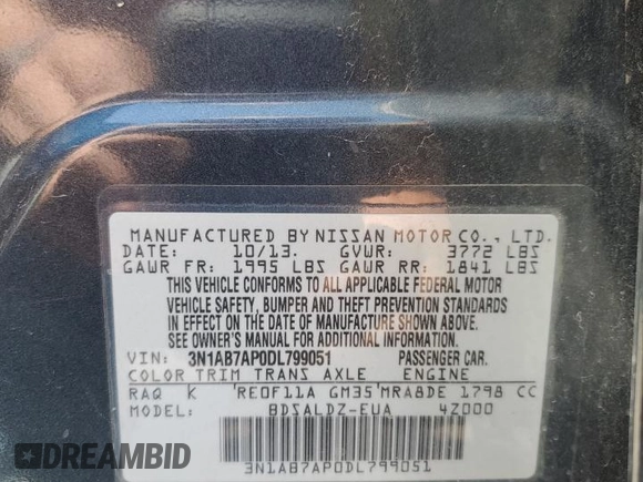 2013 Nissan Sentra SR with VIN 3N1AB7AP0DL799051, listed as a Copart auction lot 55533735 with 189,249 mi miles and Clean Title. Bid and sale history available at DreamBid. Image 12.