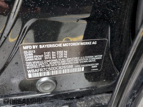 2013 BMW 5 Series 535i with VIN WBAFR7C50DC826588, listed as a Copart auction lot 43291135 with 108,163 mi miles and Salvage Title. Bid and sale history available at DreamBid. Image 12.