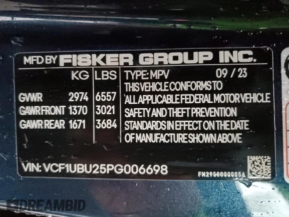 2023 Fisker Ocean Ultra z VIN VCF1UBU25PG006698, wystawiony jako Copart lot #43042795 z przebiegiem Nie podano mil oraz Czysty tytuł • Clean title. Historia ofert i sprzedaży dostępna na DreamBid. Obrazek 13.
