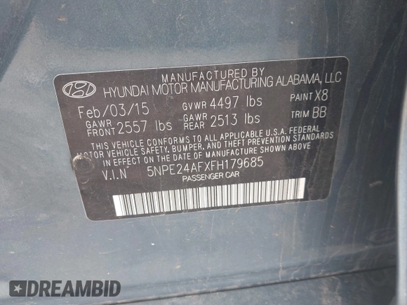 2015 Hyundai Sonata 2.4L SE with VIN 5NPE24AFXFH179685, listed as a IAAI auction lot 42109279 with 100,464 mi miles. Bid and sale history available at carsss.com. Image 9.