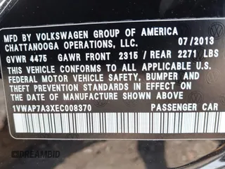 2014 Volkswagen Passat S with VIN 1VWAP7A3XEC008370, listed as a IAAI auction lot 42316448 with 93,309 mi miles and . Bid and sale history available at DreamBid. Image 9.