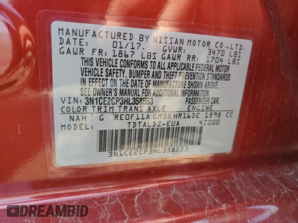2017 Nissan Note SV with VIN 3N1CE2CP3HL358553, listed as a Copart auction lot 60897425 with 65,447 mi miles and Salvage title. Bid and sale history available at DreamBid. Image 13.