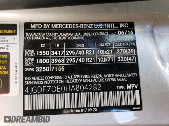 2017 Mercedes-Benz GLS 550 with VIN 4JGDF7DE0HA804282, listed as a Copart auction lot 82790194 with 62,409 mi miles and Salvage title. Bid and sale history available at DreamBid. Image 13.