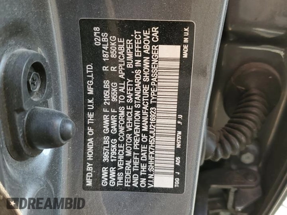 2018 Honda Civic EX with VIN SHHFK7H5XJU216923, listed as a Copart auction lot 49716635 with Not provided miles and Salvage title. Bid and sale history available at DreamBid. Image 13.