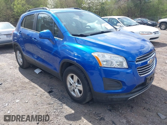 2015 Chevrolet Trax LT with VIN KL7CJLSB7FB076917, listed as a IAAI auction lot 41796629 with 114,993 mi miles. Bid and sale history available at carsss.com. Image 1.