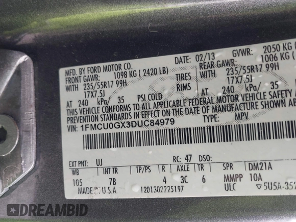 2013 Ford Escape SE with VIN 1FMCU0GX3DUC84979, listed as a IAAI auction lot 42067695 with 162,447 mi miles and . Bid and sale history available at DreamBid. Image 9.