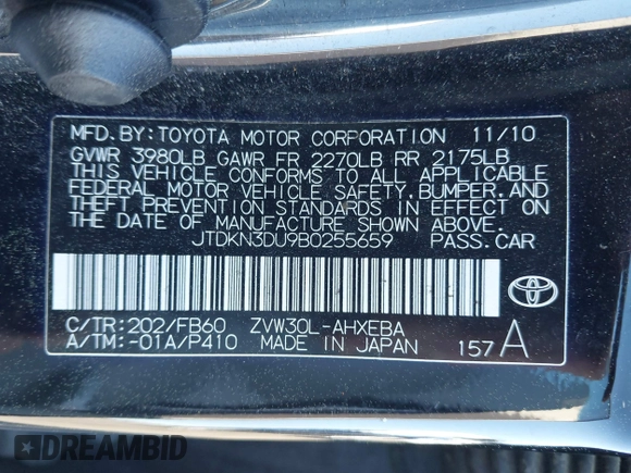 2011 Toyota Prius I with VIN JTDKN3DU9B0255659, listed as a IAAI auction lot 41857782 with 273,166 mi miles. Bid and sale history available at carsss.com. Image 9.
