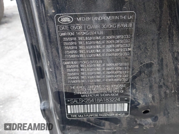 2008 Land Rover Range Rover Sport HSE with VIN SALSK25418A183224, listed as a IAAI auction lot 42138752 with 162,014 mi miles and . Bid and sale history available at DreamBid. Image 9.
