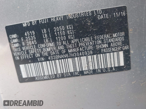 2017 Subaru Legacy Limited with VIN 4S3BNAN67H3040938, listed as a IAAI auction lot 42396552 with 101,100 mi miles and . Bid and sale history available at DreamBid. Image 9.