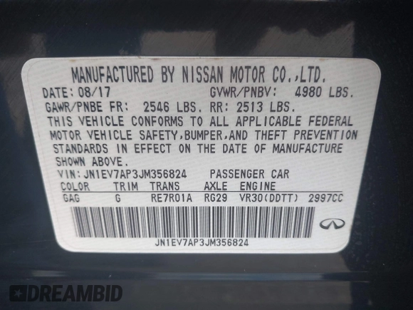 2018 Infiniti Q50 Luxe z VIN JN1EV7AP3JM356824, wystawiony jako IAAI lot #42233119 z przebiegiem 172 183 mil mil oraz . Historia ofert i sprzedaży dostępna na DreamBid. Obrazek 9.
