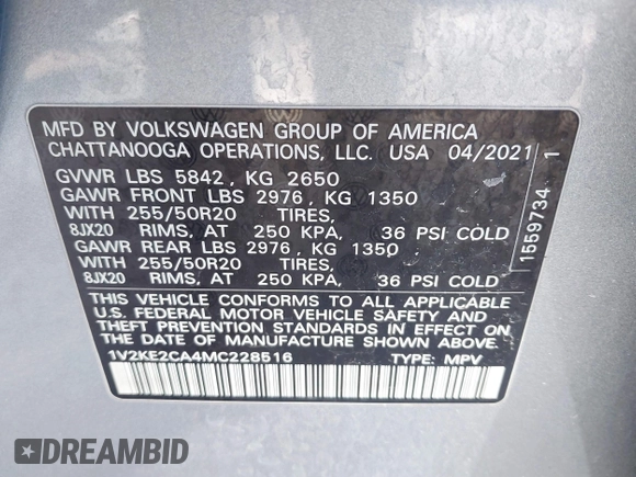 2021 Volkswagen Atlas SE with VIN 1V2KE2CA4MC228516, listed as a IAAI auction lot 41630396 with 53,946 mi miles and . Bid and sale history available at DreamBid. Image 9.