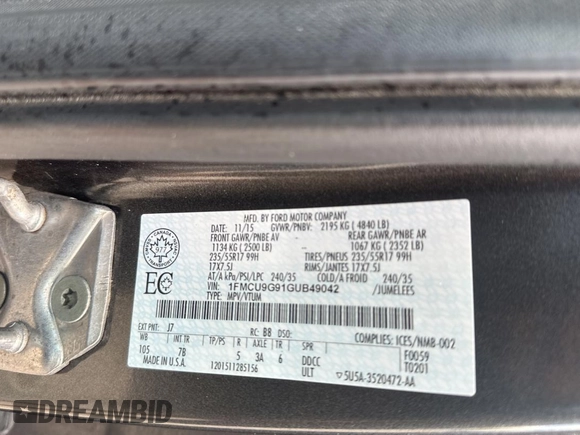 2016 Ford Escape SE with VIN 1FMCU9G91GUB49042, listed as a Copart auction lot 56257705 with 235,024 mi miles and Clean Title. Bid and sale history available at DreamBid. Image 10.