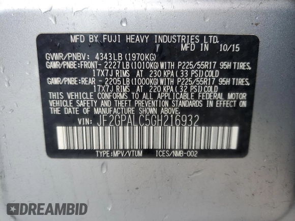 2016 Subaru Crosstrek Limited z VIN JF2GPALC5GH216932, wystawiony jako Copart lot #57899795 z przebiegiem 86 122 mil mil oraz Szkoda całkowita • Salvage title. Historia ofert i sprzedaży dostępna na DreamBid. Obrazek 12.