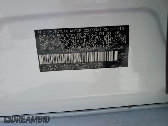 2015 Lexus LS 460 with VIN JTHBL5EF0F5135855, listed as a Copart auction lot 52209464 with 95,862 mi miles and Salvage title. Bid and sale history available at DreamBid. Image 12.