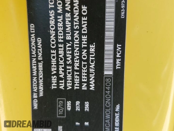 2020 Aston Martin Vantage z VIN SCFSMGAW0LGN04408, wystawiony jako Copart lot #60332245 z przebiegiem Nie podano mil oraz Szkoda całkowita • Salvage title. Historia ofert i sprzedaży dostępna na DreamBid. Obrazek 12.