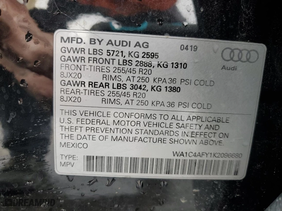 2019 Audi SQ5 Prestige with VIN WA1C4AFY1K2096680, listed as a Copart auction lot 51152345 with 50,224 mi miles and Salvage Title. Bid and sale history available at carsss.com. Image 13.