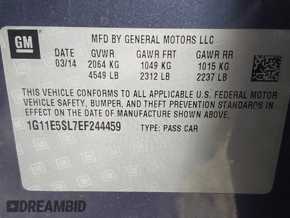 2014 Chevrolet Malibu LT with VIN 1G11E5SL7EF244459, listed as a IAAI auction lot 41681837 with 24,434 mi miles and . Bid and sale history available at DreamBid. Image 9.