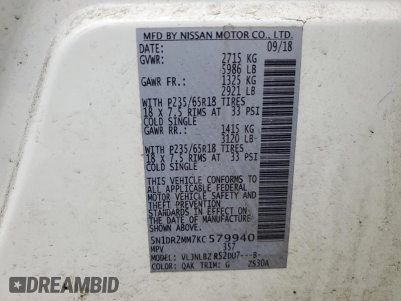 2019 Nissan Pathfinder S with VIN 5N1DR2MM7KC579940, listed as a Copart auction lot 47965875 with 78,477 mi miles and Salvage title. Bid and sale history available at DreamBid. Image 13.