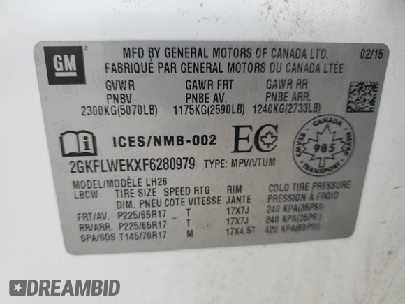 2015 GMC Terrain SLE with VIN 2GKFLWEKXF6280979, listed as a Copart auction lot 58332515 with 112,269 mi miles and Salvage title. Bid and sale history available at DreamBid. Image 14.